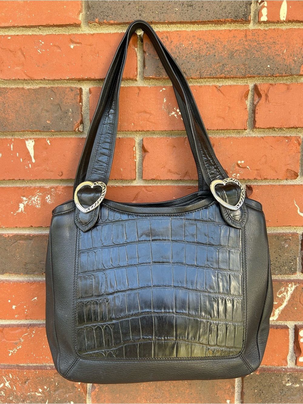 VTG Brighton Pebbled Leather Croc Embossed Shoulder Bag Black Silver Heart